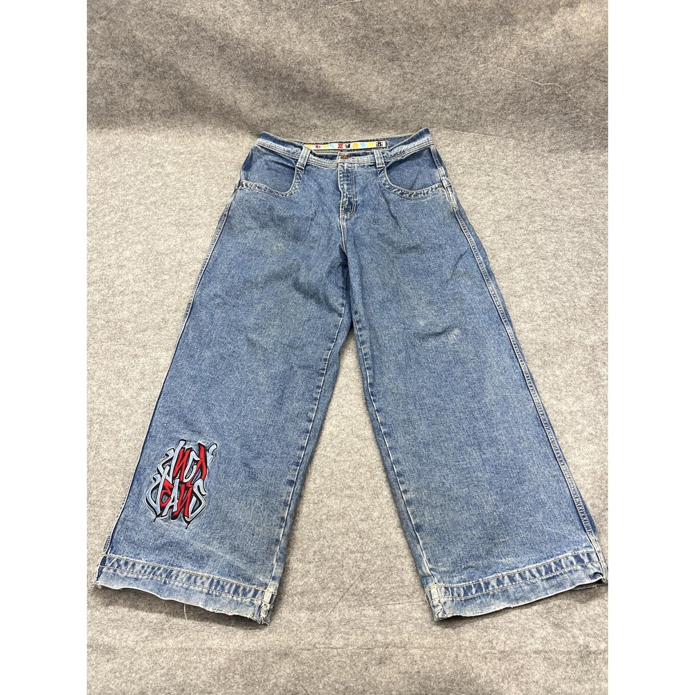 JNCO Rollin Roots Jeans Mens 38x32 Blue Wide Leg Baggy Stone Distressed J360D2